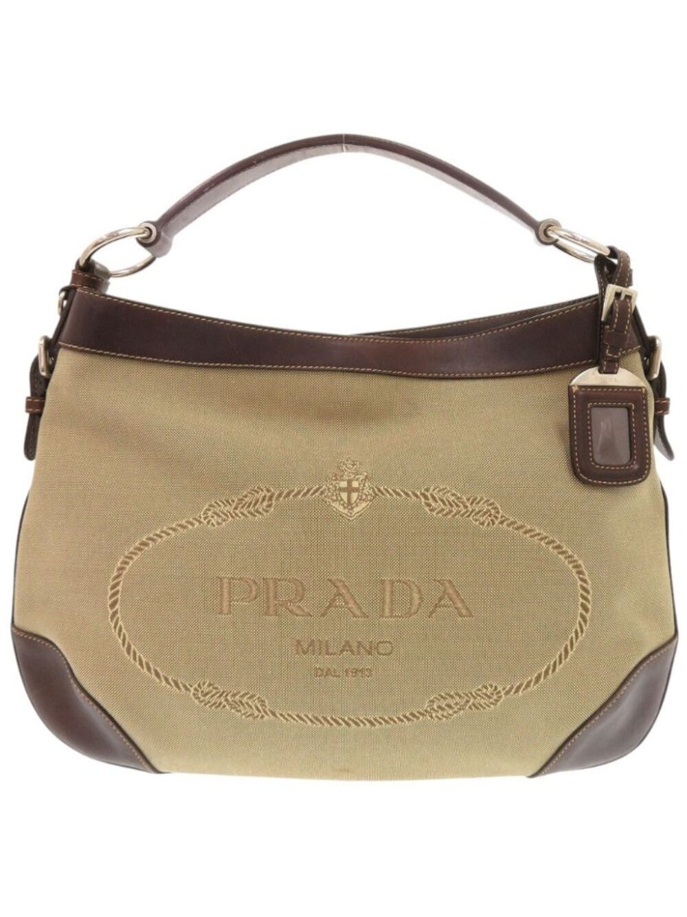 Prada Logo Jacquard Canvas Leather Beige Brown Shoulder Bag